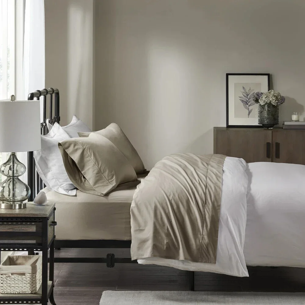 Madison Park Full Khaki Cotton Percale 200 Thread Count Relaxed Sheet Set BED47